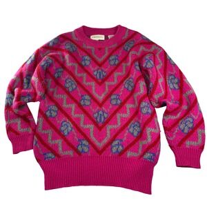 VTG TOGETHER! Pink Geometric Knit Sweater M 80s Wool Blend Made‎ in Taiwan